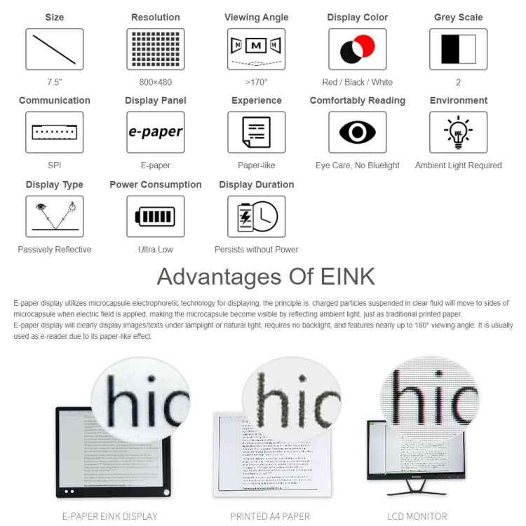 Waveshare 7.5 inch 800x480 Pixel Red Black White E-Paper E-Ink Display Module (B) for Raspberry Pi Pico, SPI Interface