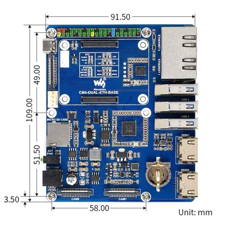 Waveshare Compute Module Dual Gigabit Ethernet Base Board for Raspberry Pi CM4
