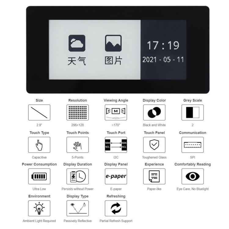 Waveshare 2.9 inch 296 x 128 Pixel 5-Points Capacitive Touch Black / White E-Paper E-Ink Display HAT for Raspberry Pi Pico, SPI Interface