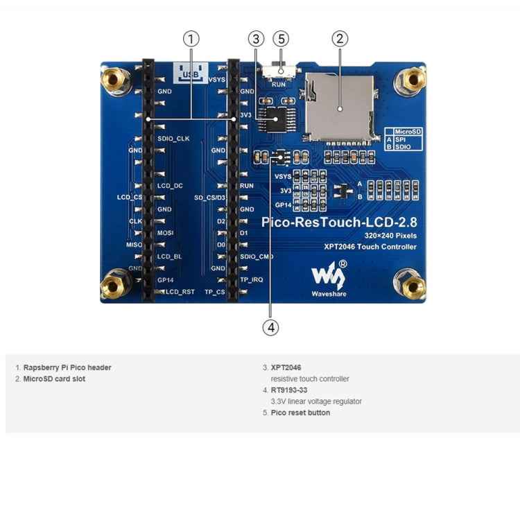 WAVESHARE 2.8 inch 262K Colors 320 x 240 Pixel Touch Display Module for Raspberry Pi Pico, SPI Interface