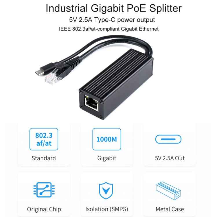 Waveshare Metal Case Gigabit PoE Splitter, 5V 2.5A Type-C Out