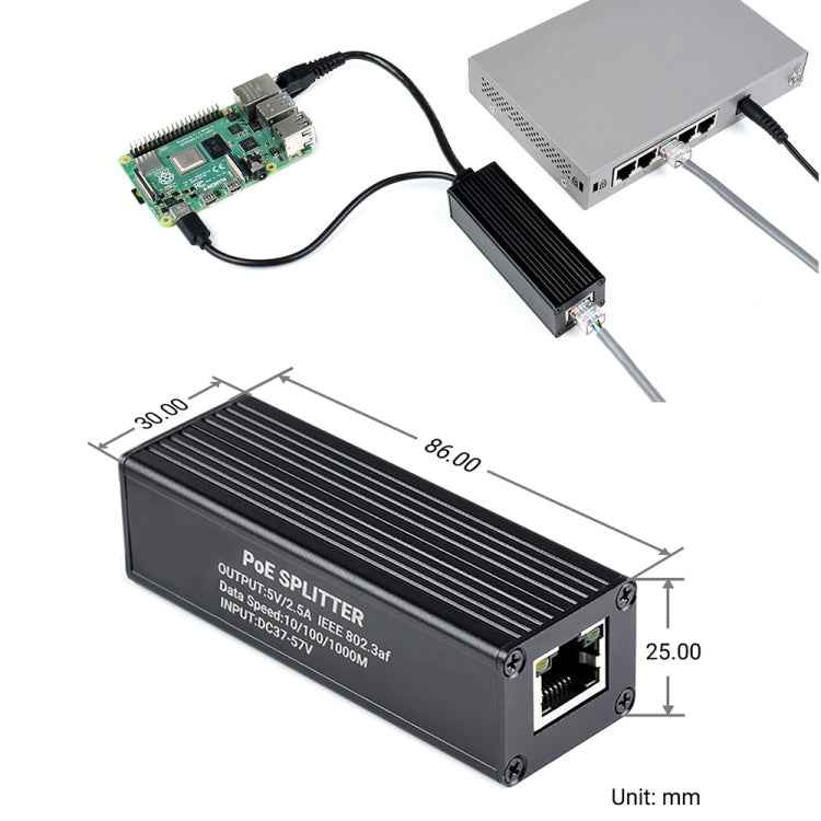 Waveshare Metal Case Gigabit PoE Splitter, 5V 2.5A Type-C Out
