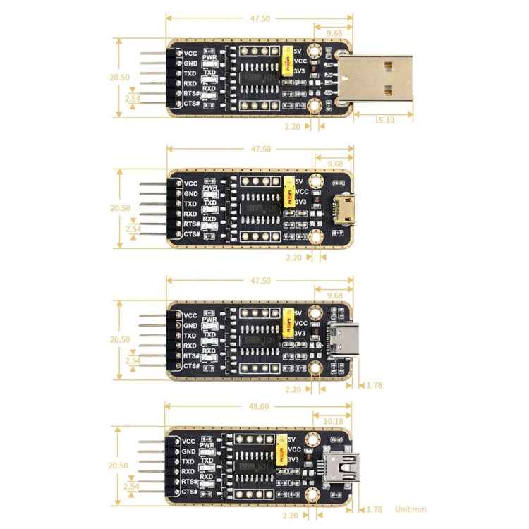 Waveshare Type-C / USB-C to UART High Band Rate Transmission Module Connectors