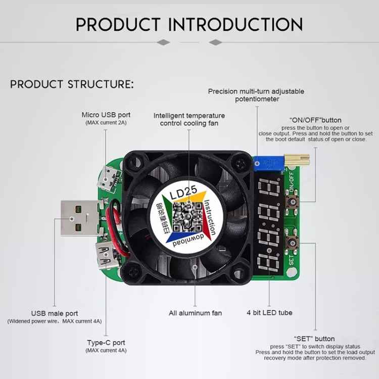 LD25 Adjustable Current Voltage Electronic USB Load Resistor Discharge Battery Test