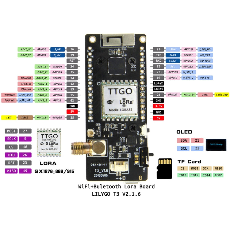 TTGO LORA32 V2.1 ESP32 0.96 inch OLED Bluetooth WiFi Wireless Module 915MHz SMA IP5306 Module with Antenna