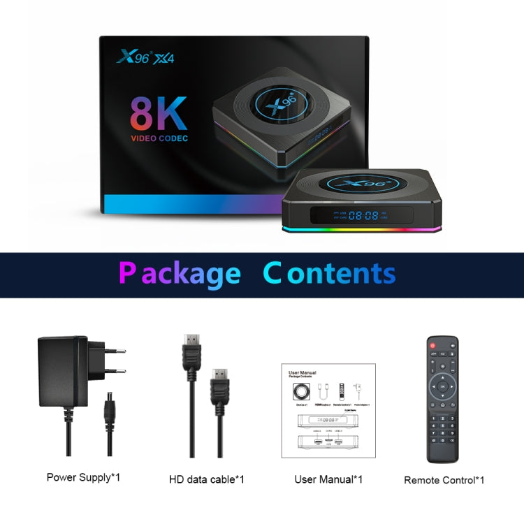 X96 X4 8K Smart TV BOX Android 11.0 Media Player with Remote Control, Amlogic S905X4 Quad Core ARM Cortex A55, RAM: 4GB, ROM: 64GB, Support 100M, Dual Band WiFi, Bluetooth, EU Plug, 4GB+64GB