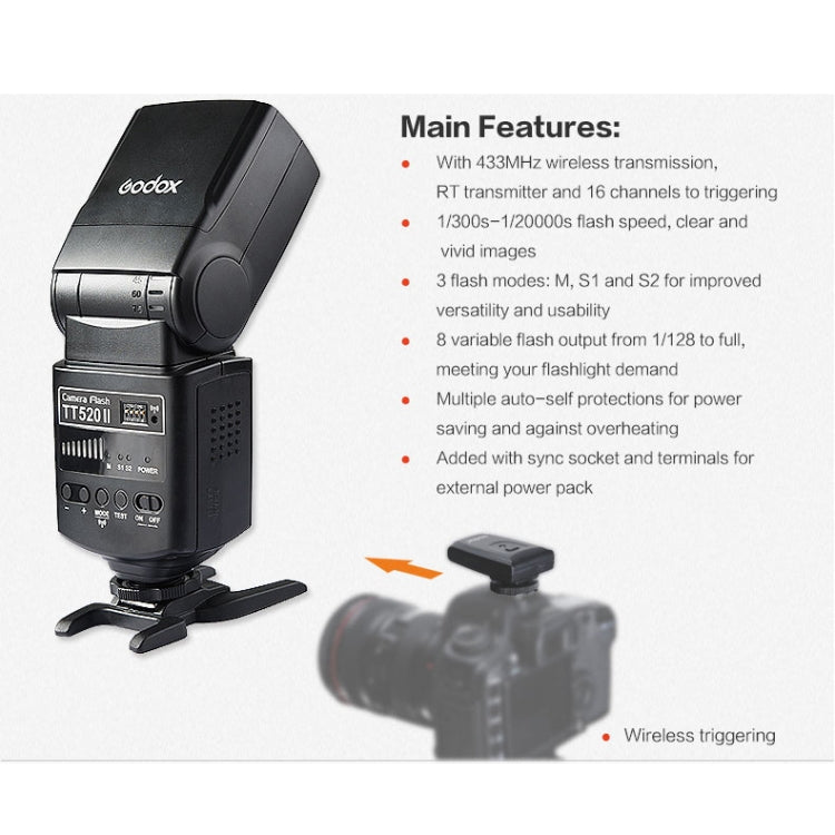 Godox TT520II 433MHZ Wireless 1/300s-1/2000s HSS Flash Speedlite Camera Top Fill Light for Canon / Nikon DSLR Cameras, TT520II