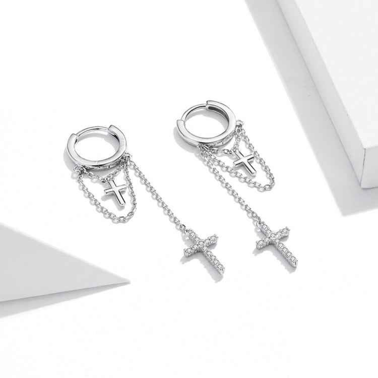 S925 Sterling Silver Long Tassel Shining Cross Women Earrings