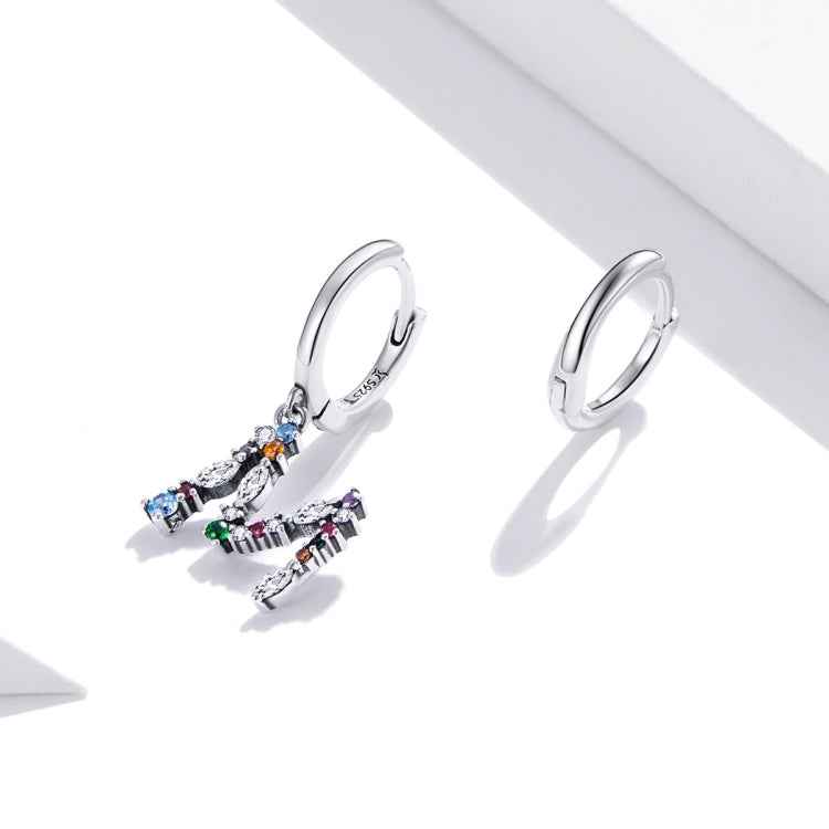 S925 Sterling Silver Colorful Zircon Letters M Asymmetry Women Earrings