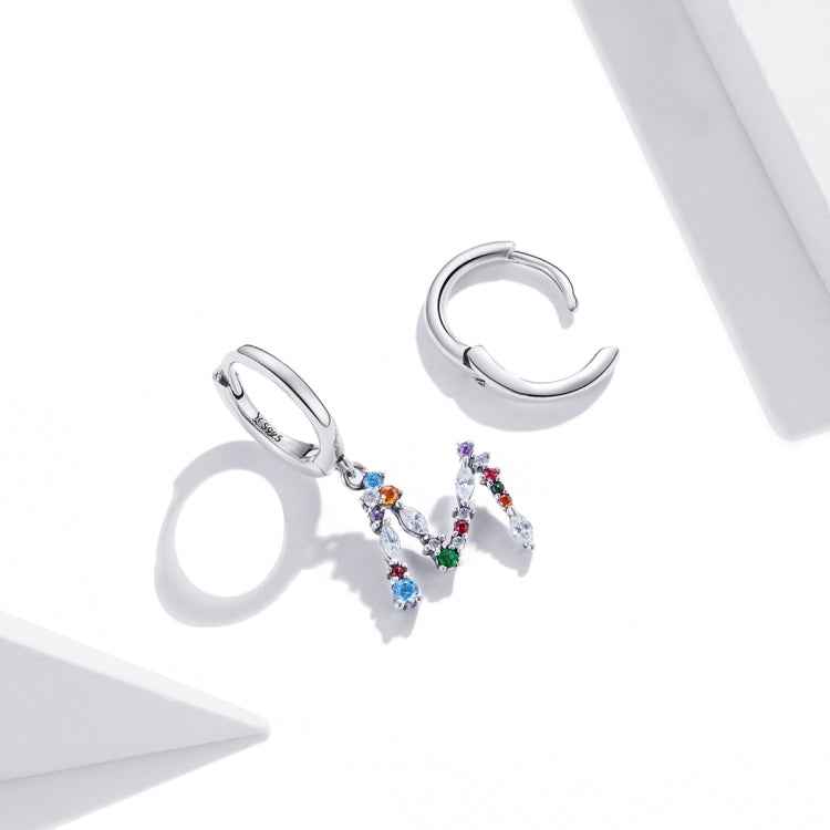 S925 Sterling Silver Colorful Zircon Letters M Asymmetry Women Earrings