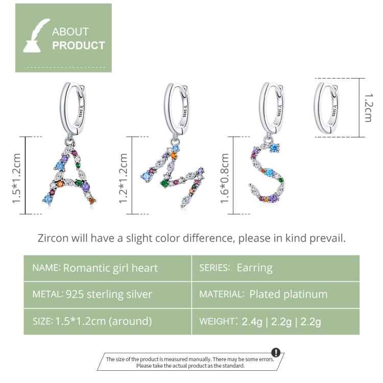 S925 Sterling Silver Colorful Zircon Letters M Asymmetry Women Earrings