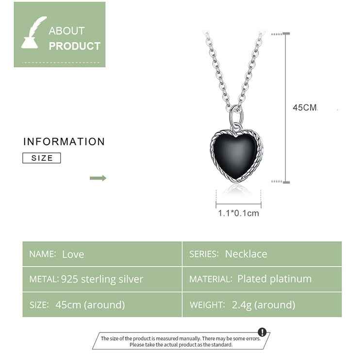 S925 Sterling Silver Black Heart Women Nacklace Jewelry