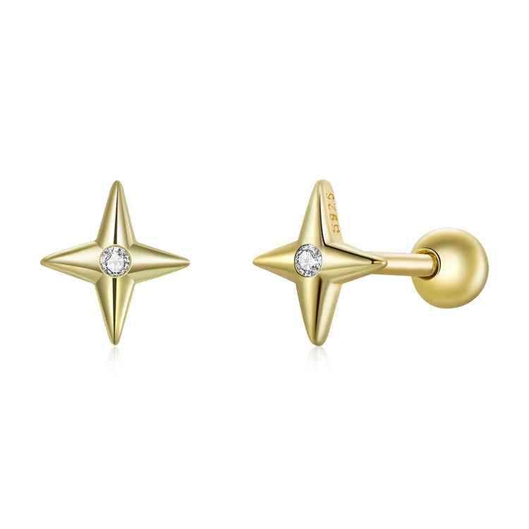 S925 Sterling Silver Golden Stars Ear Studs Women Earrings