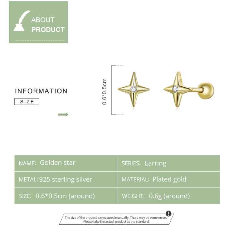 S925 Sterling Silver Golden Stars Ear Studs Women Earrings