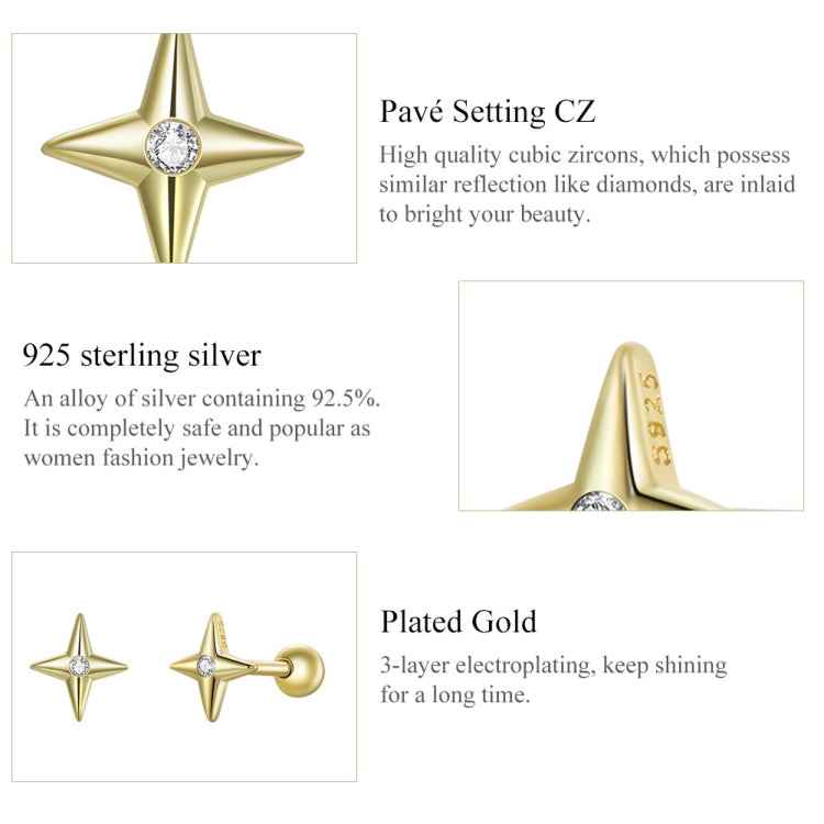 S925 Sterling Silver Golden Stars Ear Studs Women Earrings