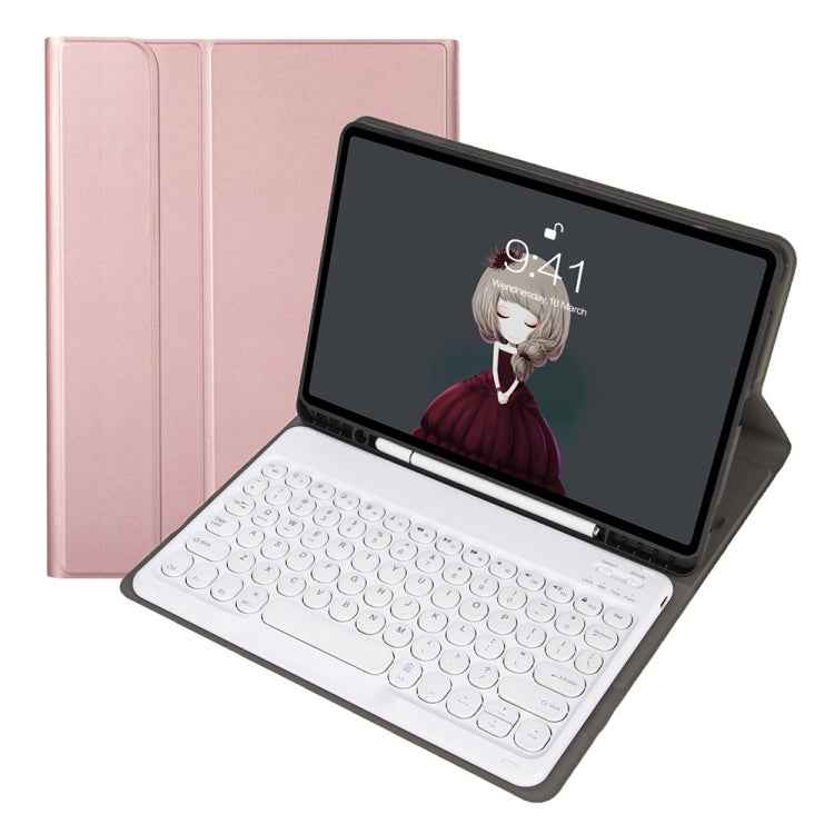 YA11B 2021 Detachable Lambskin Texture Round Keycap Bluetooth Keyboard Leather Case with Pen Slot & Stand, For iPad Pro 11 2021 / Air4 / Air5 / Pro 11