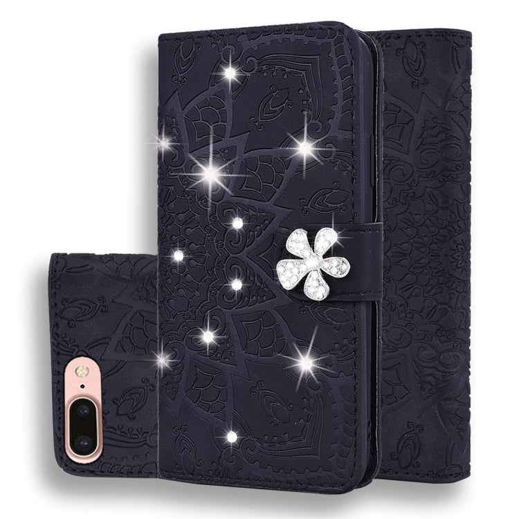 Calf Pattern Diamond Mandala Double Folding Design Embossed Leather Case with Wallet & Holder & Card Slots