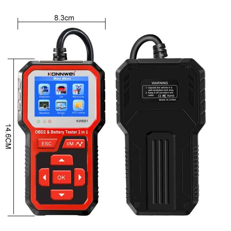 KONNWEI KW681 Car 2.4 inch TFT Screen OBD Fault Diagnosis + 6V-12V Battery Tester Support 9 Languages