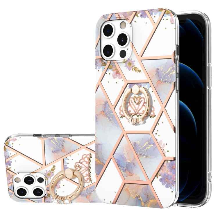 Electroplating Splicing Marble Flower Pattern TPU Shockproof Case with Rhinestone Ring Holder, For iPhone 13 mini, For iPhone 13, For iPhone 13 Pro, For iPhone 13 Pro Max, For iPhone 12 mini, For iPhone 12 / 12 Pro, For iPhone 12 Pro Max, For iPhone 11...