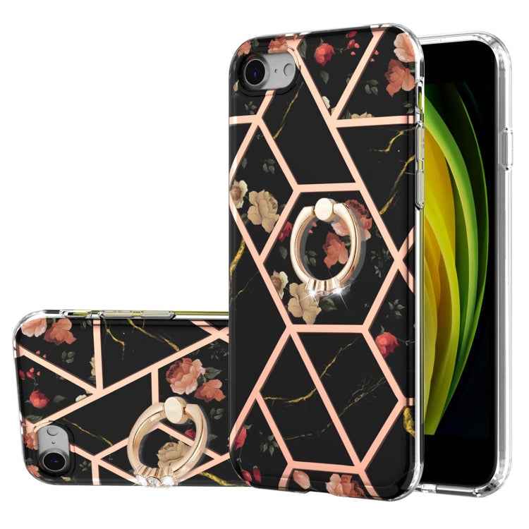 Electroplating Splicing Marble Flower Pattern TPU Shockproof Case with Rhinestone Ring Holder, For iPhone XS Max, For iPhone SE 2022 / SE 2020 / 7 / 8, For iPhone 7 Plus / 8 Plus