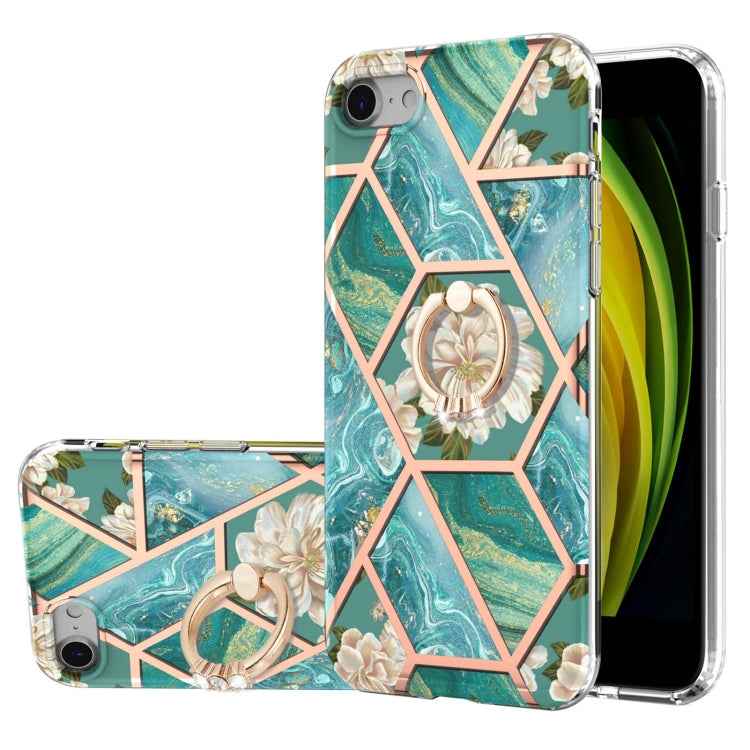 Electroplating Splicing Marble Flower Pattern TPU Shockproof Case with Rhinestone Ring Holder, For iPhone XS Max, For iPhone SE 2022 / SE 2020 / 7 / 8, For iPhone 7 Plus / 8 Plus