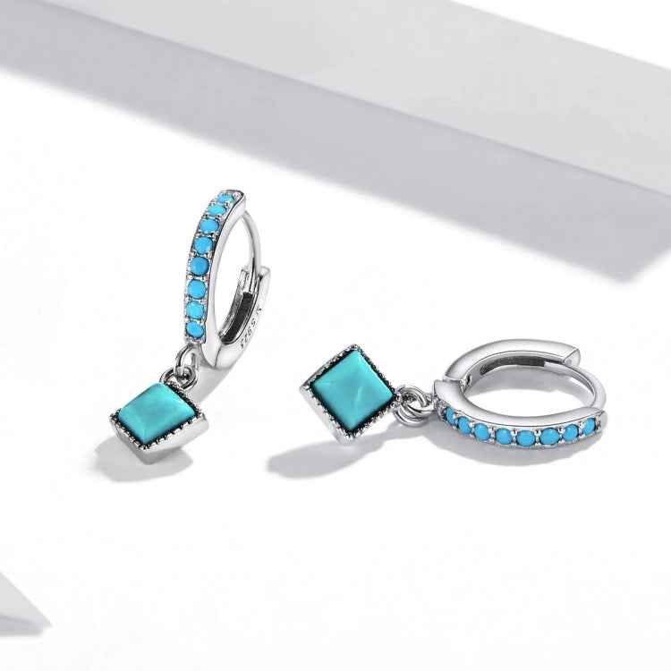 S925 Sterling Silver Rhombus Turquoise Women Earrings
