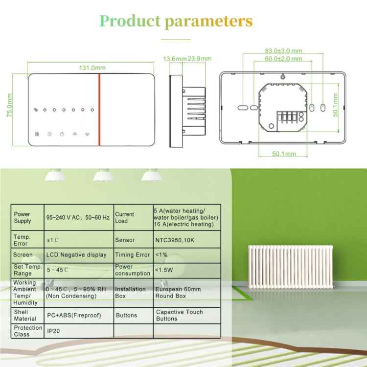 BHT-005-GC 220V AC 3A Smart Home Heating Thermostat for EU Box, Control Boiler Heating with Only Internal Sensor