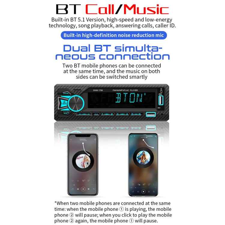 SWM-1789 Car Radio Receiver Bluetooth 5.1 MP3 Player with Remote Control
