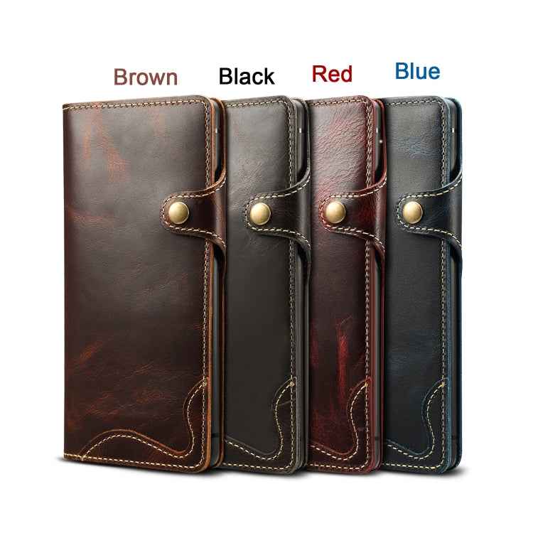 Denior Oil Wax Cowhide Magnetic Button Horizontal Flip Leather Case with Card Slots & Wallet