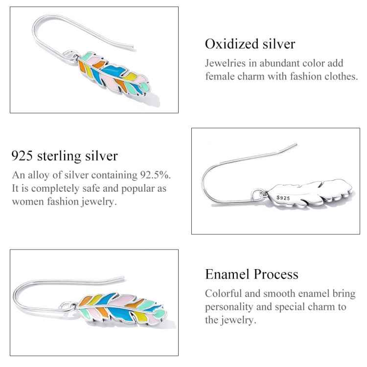 S925 Sterling Silver Colorful Feather Ear Hook Women Earrings