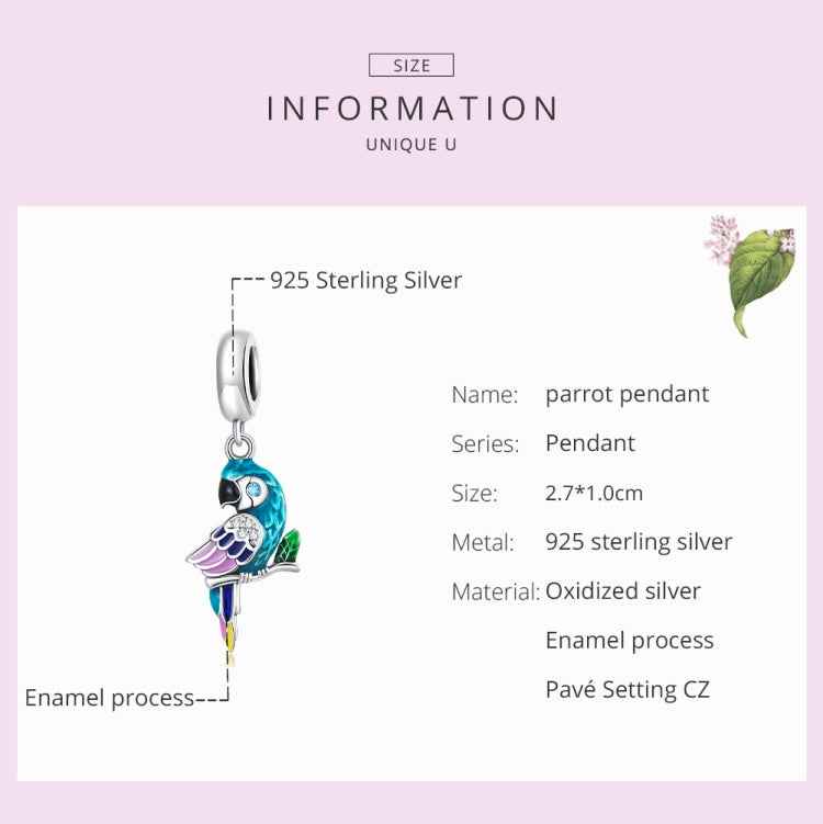 S925 Sterling Silver Parrot Pendant DIY Bracelet Necklace Accessories, Parrot