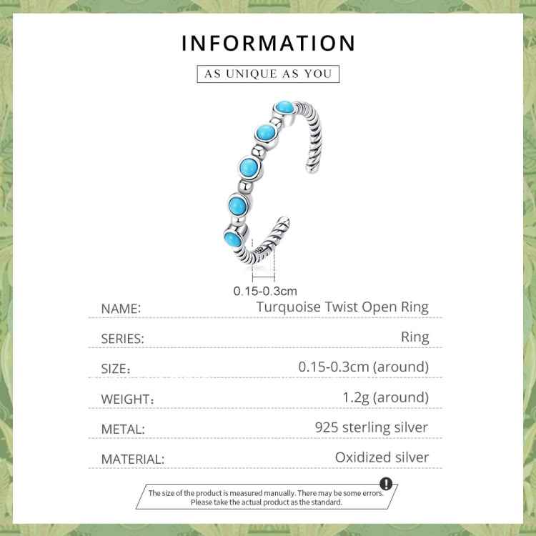 S925 Sterling Silver Turquoise Twist Women Open Ring, Turquoise Twist