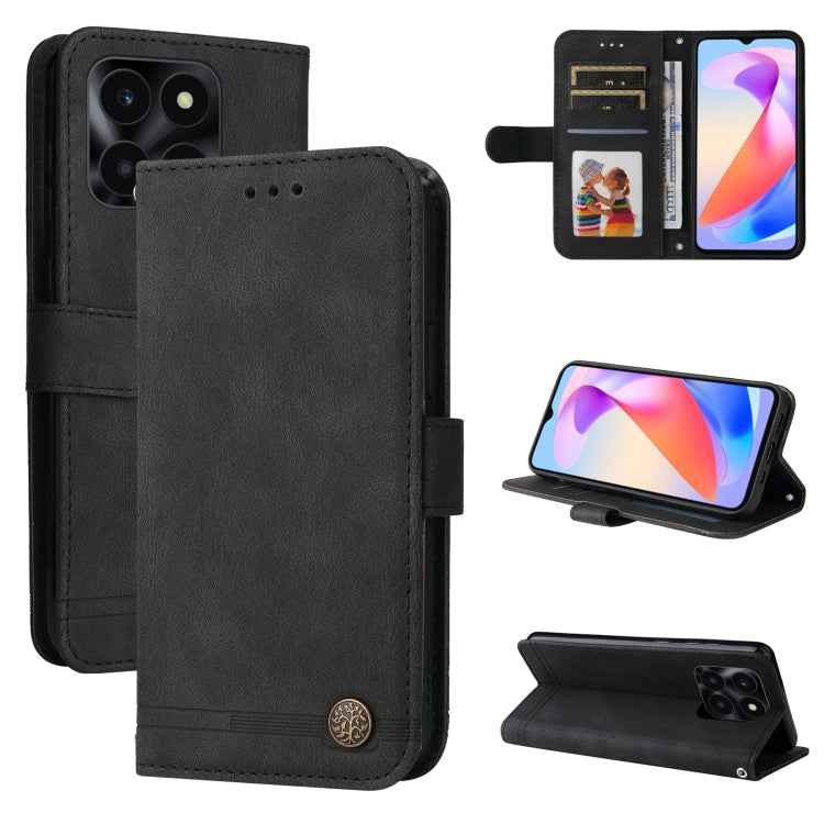 Skin Feel Life Tree Metal Button Leather Phone Case