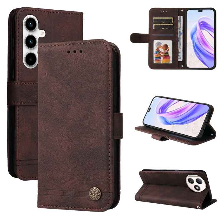 Skin Feel Life Tree Metal Button Leather Phone Case