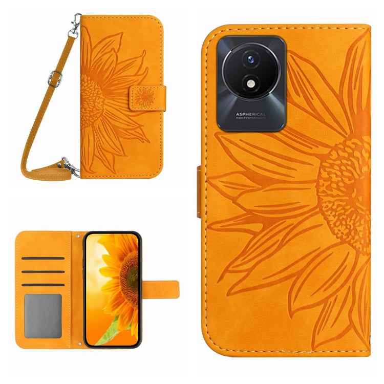 Skin Feel Sun Flower Embossed Flip Leather Phone Case with Lanyard, For vivo V27E 4G Global, For vivo Y02A 4G / Y02 4G / Y11 2023, For vivo Y55S 5G 2023 / Y55 5G / T1 5G, For vivo Y75 5G Global