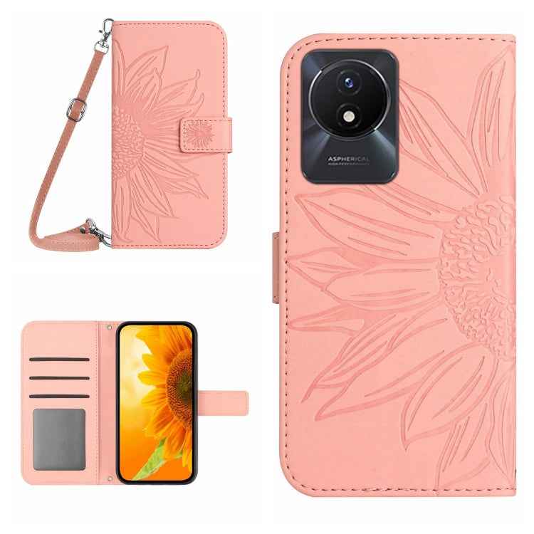 Skin Feel Sun Flower Embossed Flip Leather Phone Case with Lanyard, For vivo V27E 4G Global, For vivo Y02A 4G / Y02 4G / Y11 2023, For vivo Y55S 5G 2023 / Y55 5G / T1 5G, For vivo Y75 5G Global