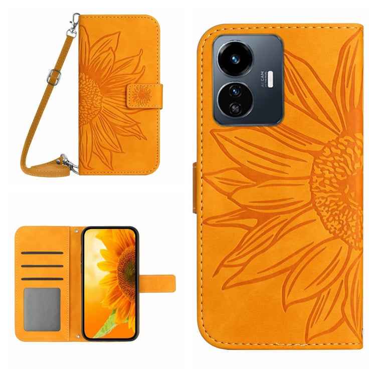 Skin Feel Sun Flower Embossed Flip Leather Phone Case with Lanyard