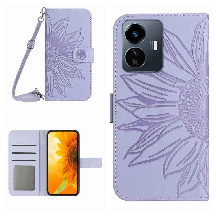 Skin Feel Sun Flower Embossed Flip Leather Phone Case with Lanyard