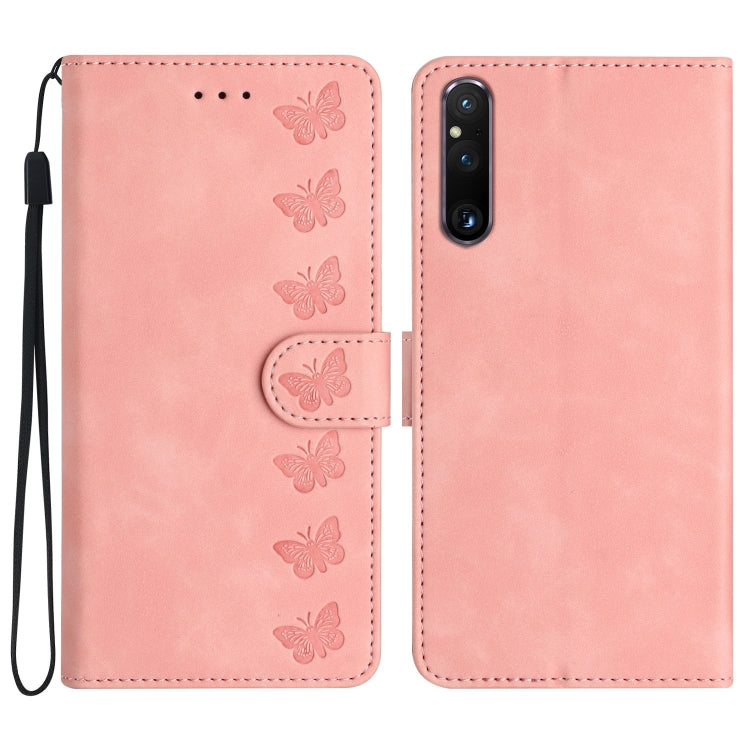 Seven Butterflies Embossed Leather Phone Case, For Sony Xperia 10 VI, For Sony Xperia 1 VI, For Sony Xperia 1 V 2023, For Sony Xperia 10 V 2023, For Sony Xperia 1 IV, For Sony Xperia L4, For Sony Xperia 5, For Sony Xperia L3