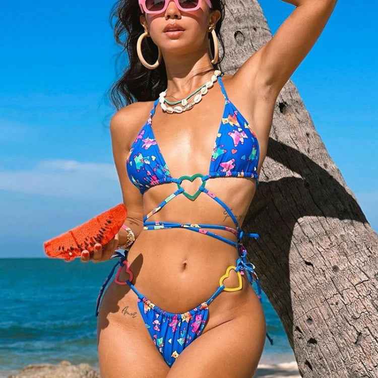 Printed Bear Love Heart Strap Ties Two Piece Bikini Swimsuit, S, M, L
