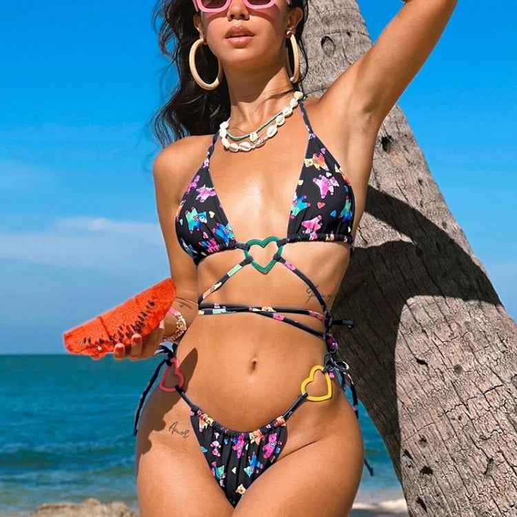 Printed Bear Love Heart Strap Ties Two Piece Bikini Swimsuit, S, M, L