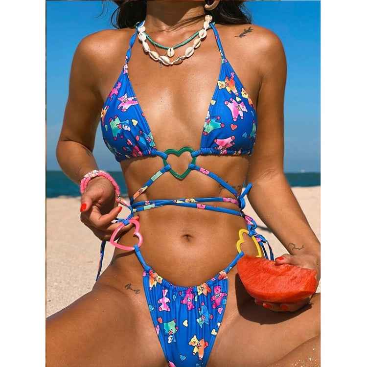 Printed Bear Love Heart Strap Ties Two Piece Bikini Swimsuit, S, M, L