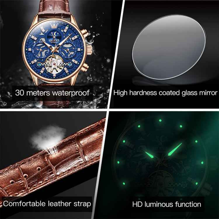 OLEVS 6658 Men Luminous Waterproof Leather Strap Mechanical Watch