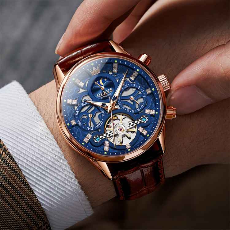 OLEVS 6658 Men Luminous Waterproof Leather Strap Mechanical Watch