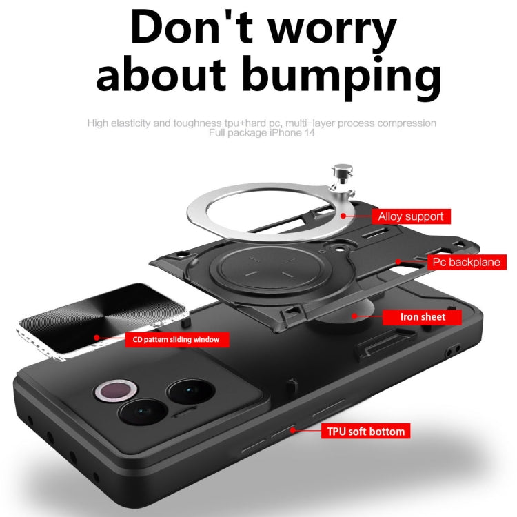 CD Texture Sliding Camshield Magnetic Holder Phone Case, For vivo V30e 5G Global, For vivo Y300 Pro, For vivo iQOO Z9s 5G, For vivo Y28 4G, For vivo Y03 / Y18 / Y18e 4G, For vivo V29e / Y200 5G, For vivo Y36 4G / 5G, For vivo S16 / S16 Pro / V27 5G