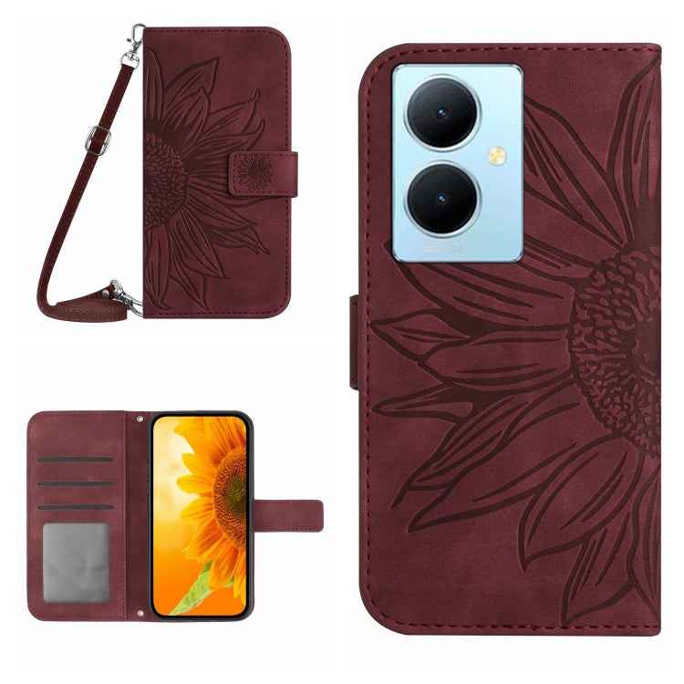 Skin Feel Sun Flower Embossed Flip Leather Phone Case with Lanyard, For vivo Y200e / Y100 IDN / V30 Lite India 5G, For vivo Y78+
