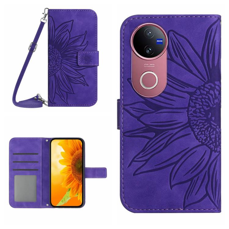 Skin Feel Sun Flower Embossed Flip Leather Phone Case with Lanyard, For vivo V50 5G Global, For vivo Y03 4G, For vivo Y200e / Y100 IDN / V30 Lite India 5G, For vivo Y78+