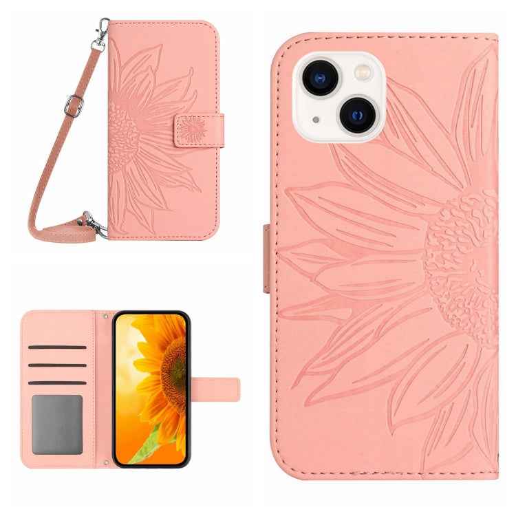 Skin Feel Sun Flower Embossed Flip Leather Phone Case with Lanyard, For iPhone 15