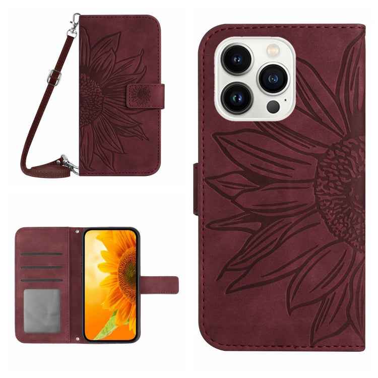 Skin Feel Sun Flower Embossed Flip Leather Phone Case with Lanyard, For iPhone 16, For iPhone 15 Pro Max, For iPhone 15 Pro, For iPhone 15 Plus