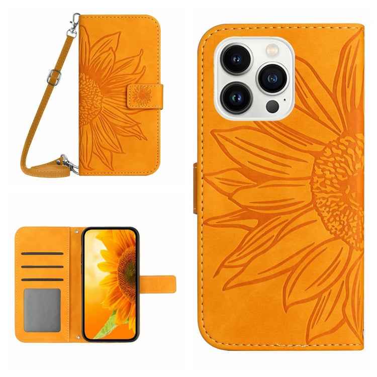 Skin Feel Sun Flower Embossed Flip Leather Phone Case with Lanyard, For iPhone Air, For iPhone 16 Pro Max, For iPhone 16 Pro, For iPhone 16 Plus